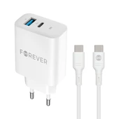 Kép 1/17 - Forever szett hálózati töltőfej 1x USB-C 1x USB 30W + USB-C - USB-C kábel 60W fehér