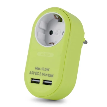 Entac hálózati adapter 1 aljzat és 2 USB port lime  Entac hálózati adapter 1 aljzat és 2 USB port lime