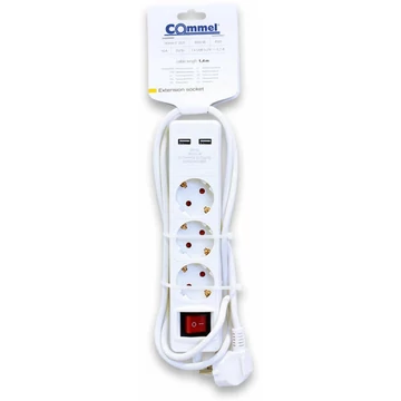 Commel, 234-401 Elosztó 3-dugaljas, kapcsolós + 2XUSB, 16A, 250V, 3500W, H05VV-F, 3X1/ 1,4m, fehér