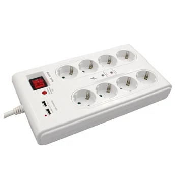 Commel, 380-107, Elosztó 8-dugaljas, multi, 16A, 3500W, túlfesz. + 2db USB, H05VV-F, 3X1,5/3m
