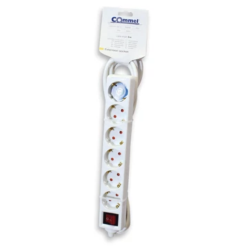 Commel, 0839, Elosztó 6-dugaljas kapcsolóval, 16A, 250V, 3500W, fehér, 5m