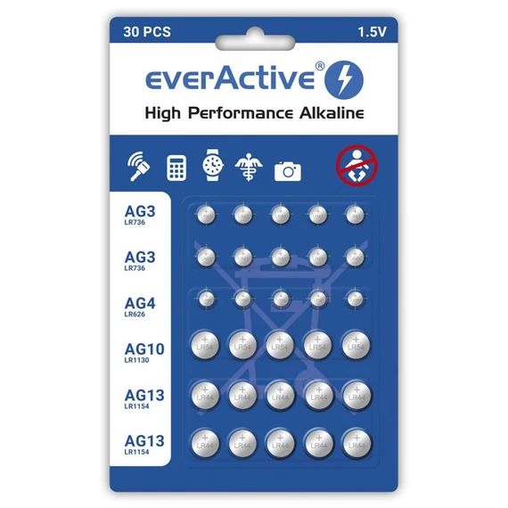 everActive alkáli mini elem készlet 10 x LR41 5 x LR626 5 x G10 LR1130 10 x G13 LR1154 LR44 30 db