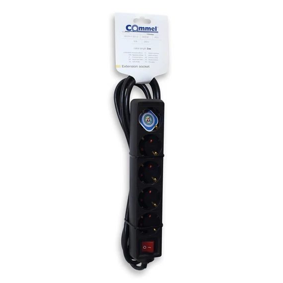 Commel, 232-525, Elosztó 5-dugaljas kapcsolóval, 16A, 250V, 3500W, fekete, 3m