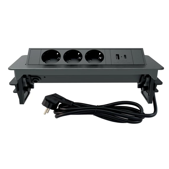 Commel, 235-102, Bútorba építhető elosztó, 3X 16A, 1X USB, (A + C), fekete kerettel