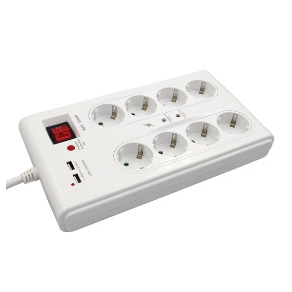 Commel, 380-107, Elosztó 8-dugaljas, multi, 16A, 3500W, túlfesz. + 2db USB, H05VV-F, 3X1,5/3m