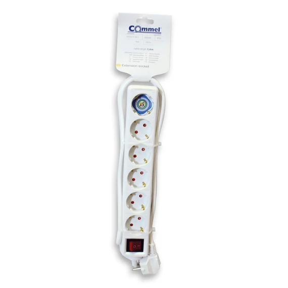 Commel, 0838, Elosztó 6-dugaljas kapcsolóval, 16A, 250V, 3500W, fehér, 1,4m