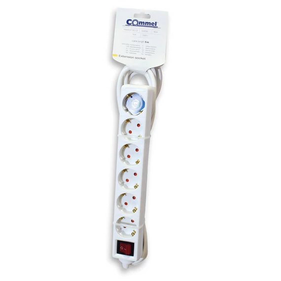 Commel, 0839, Elosztó 6-dugaljas kapcsolóval, 16A, 250V, 3500W, fehér, 5m