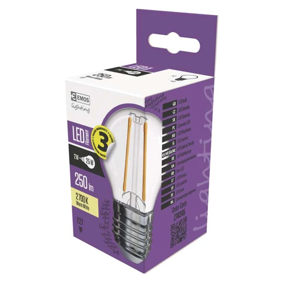 Emos led lámpa filament Izzó kisgömb 2W E27 250lm meleg fehér 