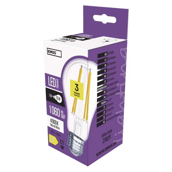 Emos led lámpa filament izzó A60 E27 7W 1060lm természetes fehér 