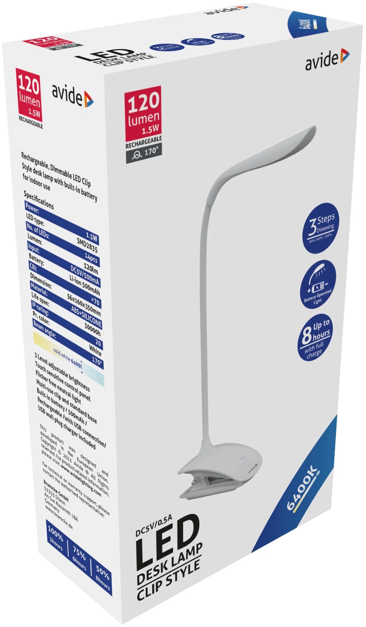 Avide LED íróasztali lámpa csíptethető fehér 1.5W tölthető