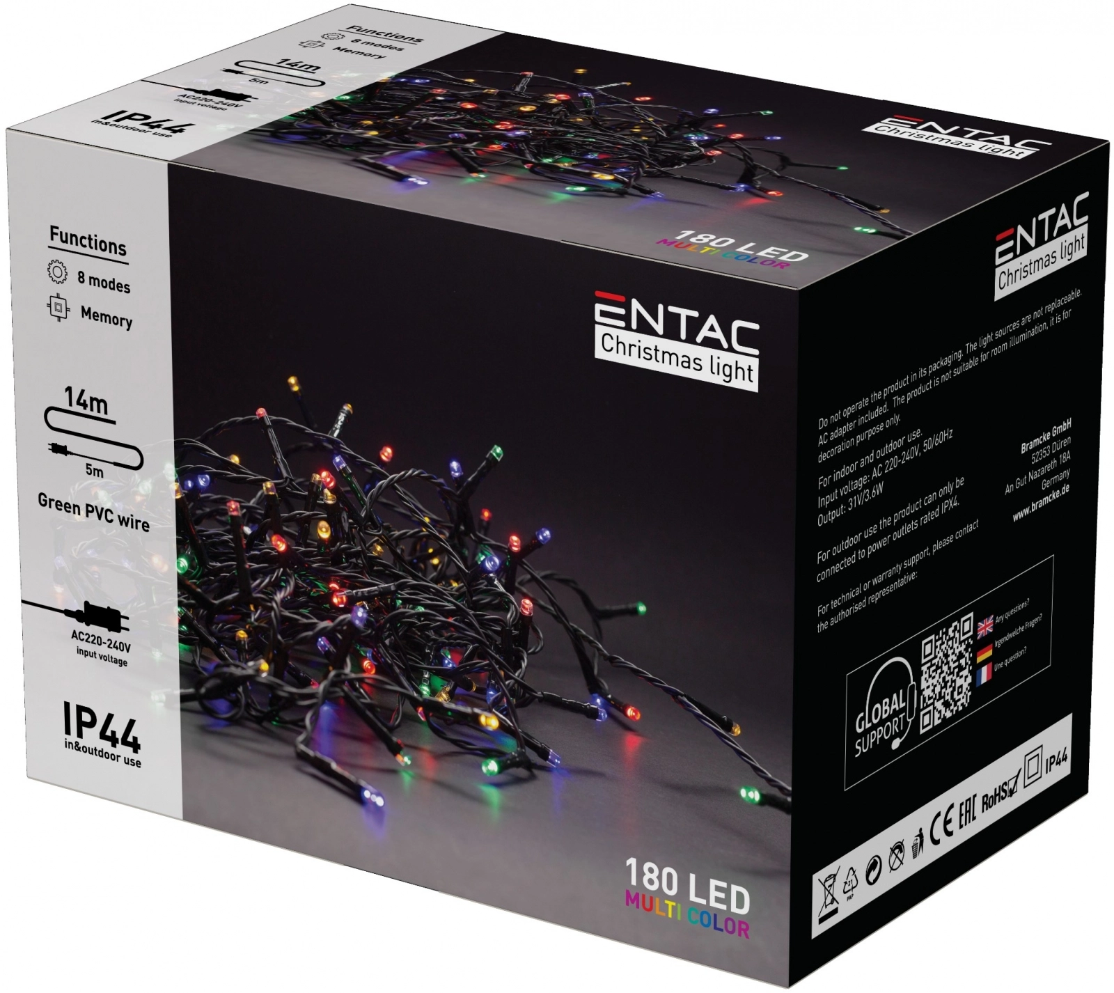 Entac karácsonyi IP44 180 LED füzér színes 14 m