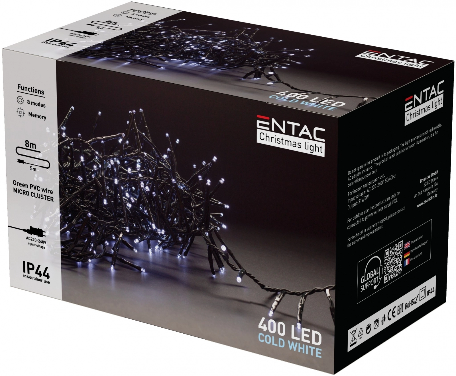Entac karácsonyi IP44 400 LED fürtös fénysor CW 8m